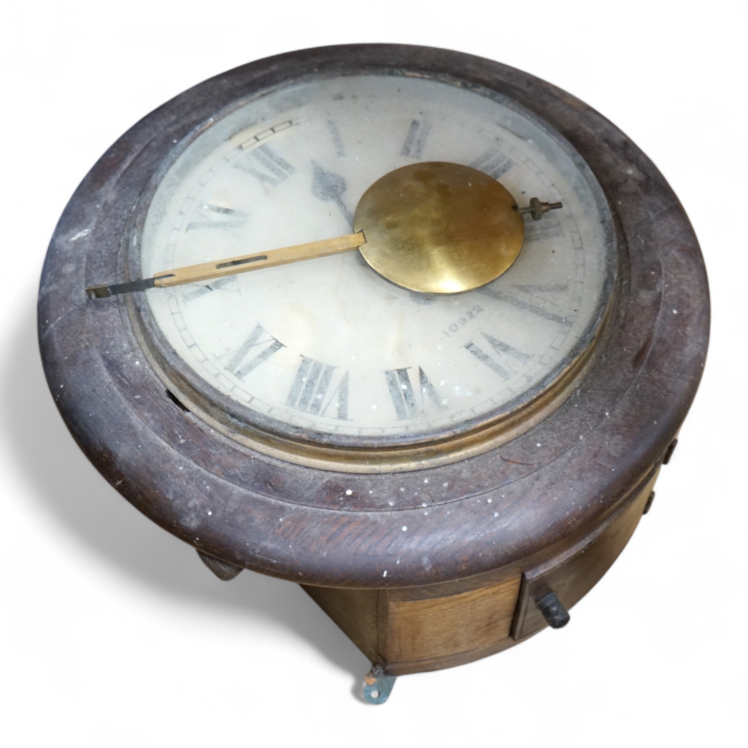 A numbered fusee wall timepiece, possibly of Southern Railway origin, eight inch painted dial with ‘10922’, in a mahogany case. Condition - poor to fair, movement not tested for timekeeping.